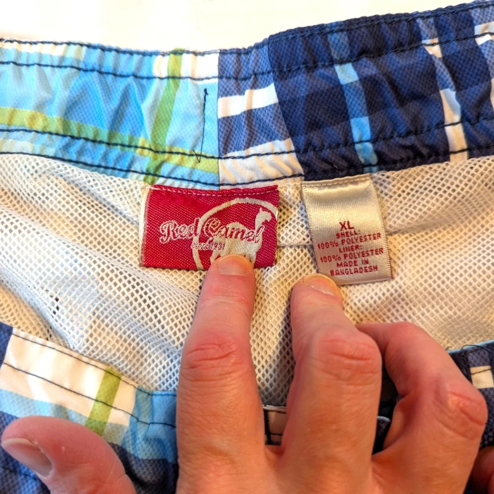 Mens Red Camel Swim Trunks Plaid Blue White Green Yellow Size XL